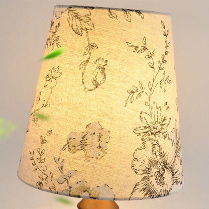 Traditional Vintage Frustum Cone Oak Fabric 1-Light Table Lamp For Bedroom