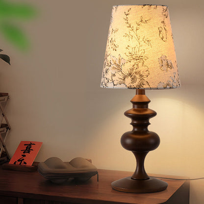 Traditional Vintage Frustum Cone Oak Fabric 1-Light Table Lamp For Bedroom