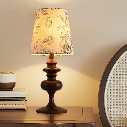 Traditional Vintage Frustum Cone Oak Fabric 1-Light Table Lamp For Bedroom