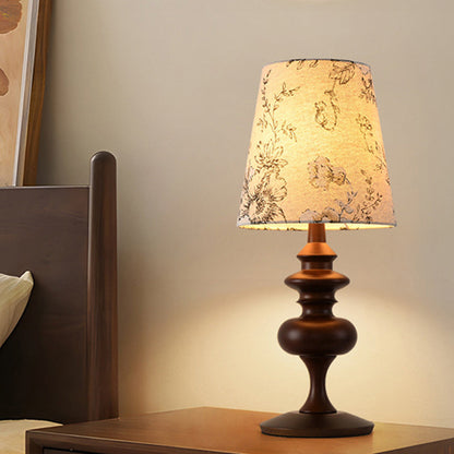 Traditional Vintage Frustum Cone Oak Fabric 1-Light Table Lamp For Bedroom