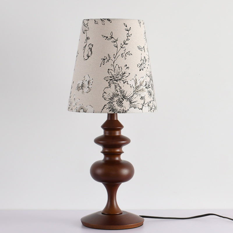 Traditional Vintage Frustum Cone Oak Fabric 1-Light Table Lamp For Bedroom