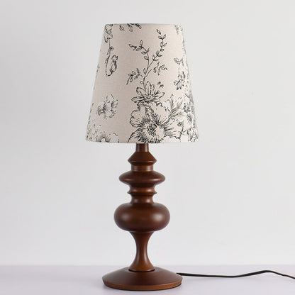 Traditional Vintage Frustum Cone Oak Fabric 1-Light Table Lamp For Bedroom