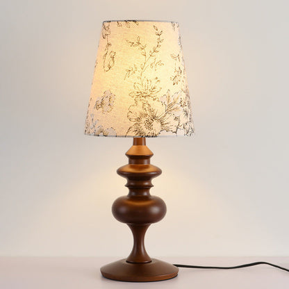 Traditional Vintage Frustum Cone Oak Fabric 1-Light Table Lamp For Bedroom