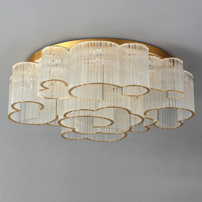 Traditional Chinese Cloud Round Carbon Steel Glass 7/11/15 Light Semi-Flush Mount Ceiling Light For Living Room