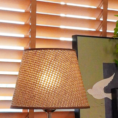 Modern Scandinavian Table Lamp with Iron & Woven Rattan Base and Tapered Shade for Bedroom