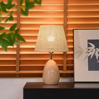 Modern Scandinavian Table Lamp with Iron & Woven Rattan Base and Tapered Shade for Bedroom