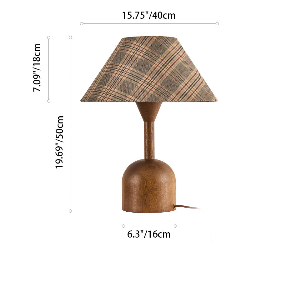 Modern Mid-Century Tapered Plaid Lampshade Ash Wood Fabric 1-Light Table Lamp for Bedroom