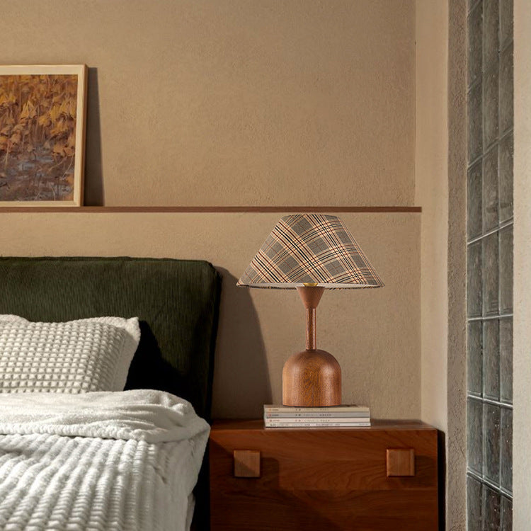 Modern Mid-Century Tapered Plaid Lampshade Ash Wood Fabric 1-Light Table Lamp for Bedroom