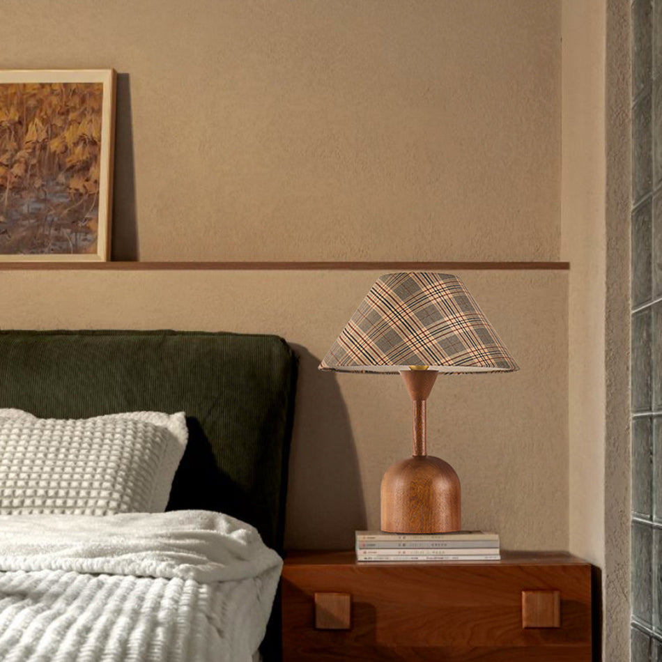 Modern Mid-Century Tapered Plaid Lampshade Ash Wood Fabric 1-Light Table Lamp for Bedroom