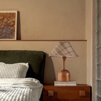 Modern Mid-Century Tapered Plaid Lampshade Ash Wood Fabric 1-Light Table Lamp for Bedroom