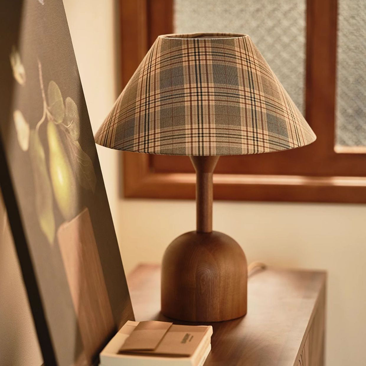 Modern Mid-Century Tapered Plaid Lampshade Ash Wood Fabric 1-Light Table Lamp for Bedroom