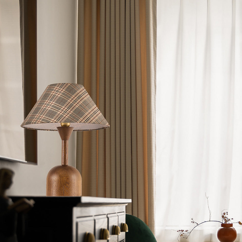 Modern Mid-Century Tapered Plaid Lampshade Ash Wood Fabric 1-Light Table Lamp for Bedroom