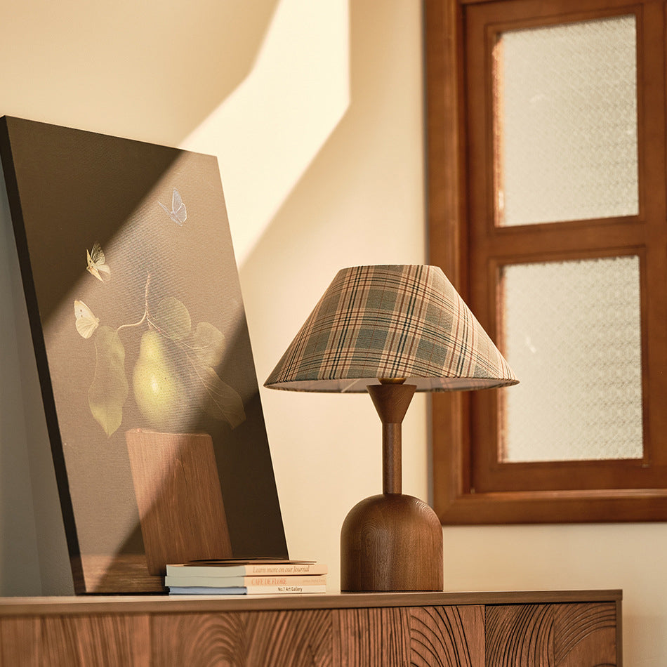 Modern Mid-Century Tapered Plaid Lampshade Ash Wood Fabric 1-Light Table Lamp for Bedroom