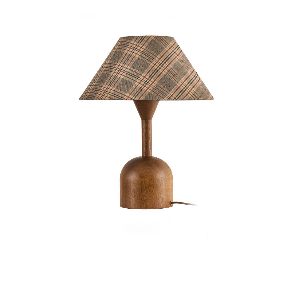 Modern Mid-Century Tapered Plaid Lampshade Ash Wood Fabric 1-Light Table Lamp for Bedroom