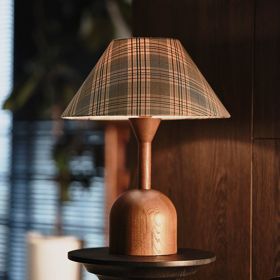 Modern Mid-Century Tapered Plaid Lampshade Ash Wood Fabric 1-Light Table Lamp for Bedroom