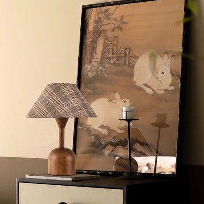 Modern Mid-Century Tapered Plaid Lampshade Ash Wood Fabric 1-Light Table Lamp for Bedroom