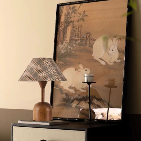 Modern Mid-Century Tapered Plaid Lampshade Ash Wood Fabric 1-Light Table Lamp for Bedroom