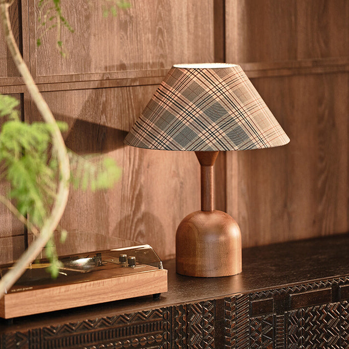 Modern Mid-Century Tapered Plaid Lampshade Ash Wood Fabric 1-Light Table Lamp for Bedroom