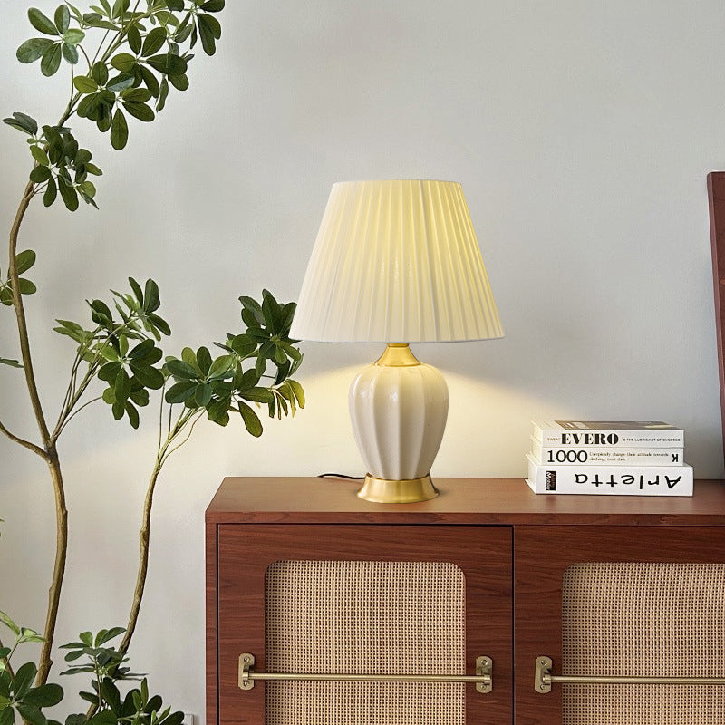 Contemporary Nordic Tapered Fabric Shade Solid Brass Ceramic 1-Light Table Lamp for Bedroom