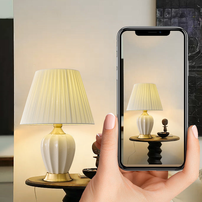 Contemporary Nordic Tapered Fabric Shade Solid Brass Ceramic 1-Light Table Lamp for Bedroom