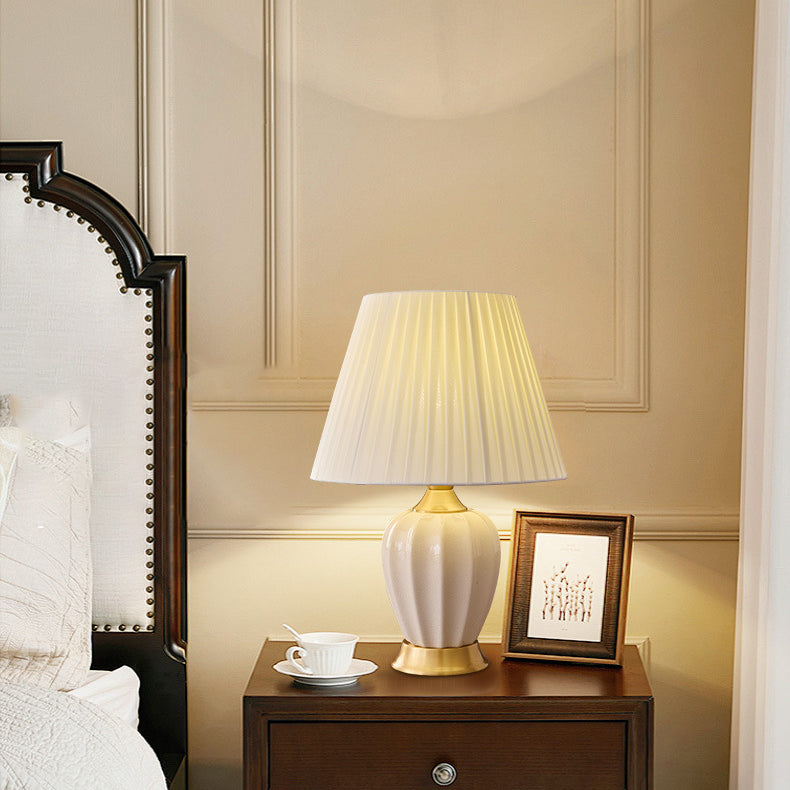 Contemporary Nordic Tapered Fabric Shade Solid Brass Ceramic 1-Light Table Lamp for Bedroom
