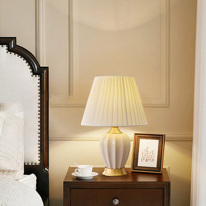 Contemporary Nordic Tapered Fabric Shade Solid Brass Ceramic 1-Light Table Lamp for Bedroom