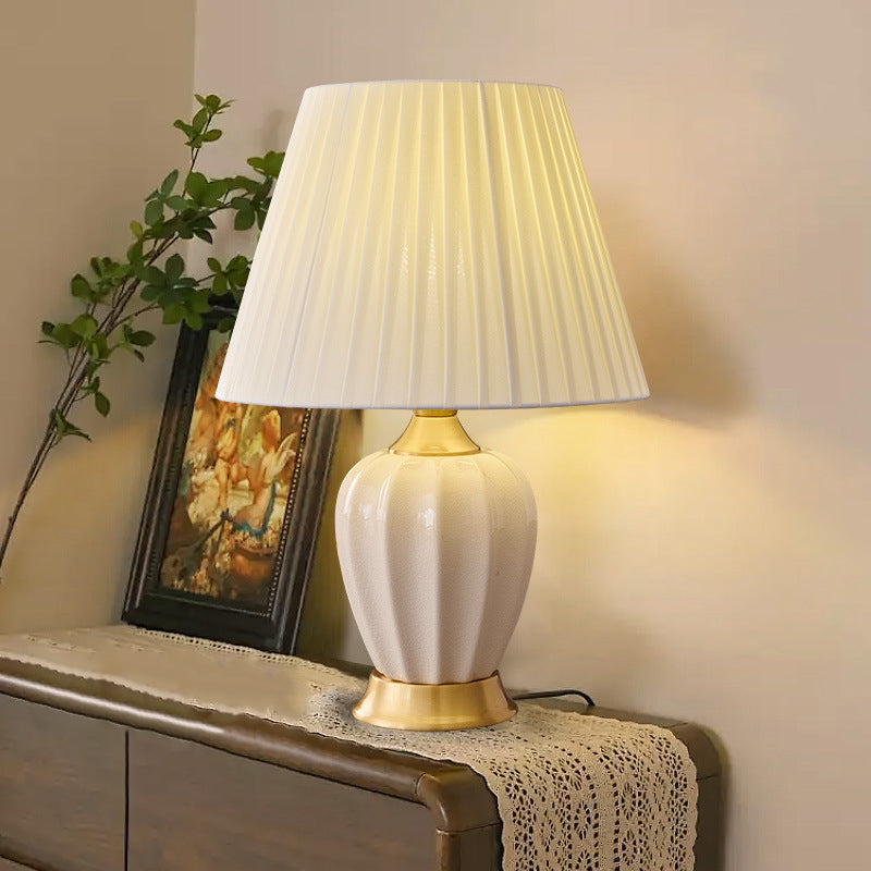 Contemporary Nordic Tapered Fabric Shade Solid Brass Ceramic 1-Light Table Lamp for Bedroom