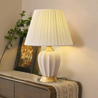 Contemporary Nordic Tapered Fabric Shade Solid Brass Ceramic 1-Light Table Lamp for Bedroom