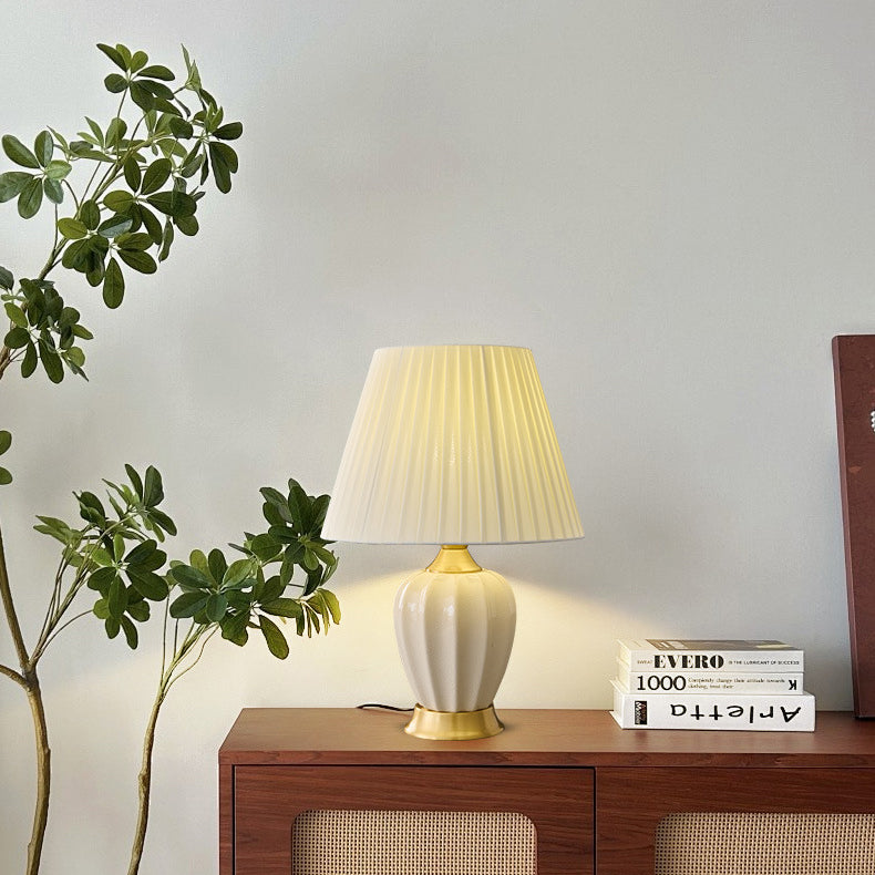Contemporary Nordic Tapered Fabric Shade Solid Brass Ceramic 1-Light Table Lamp for Bedroom