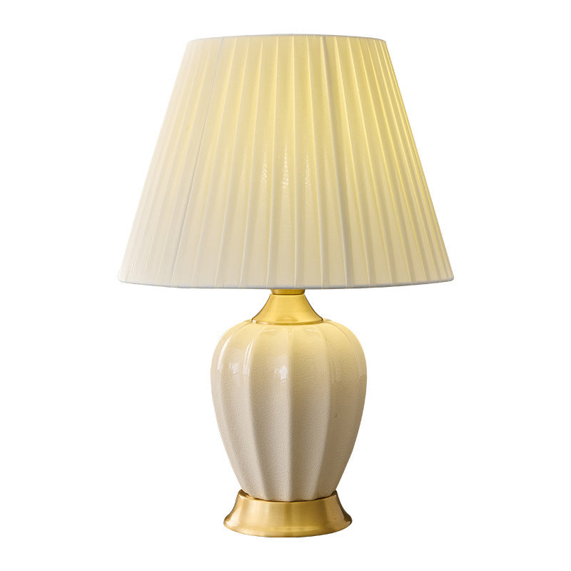 Contemporary Nordic Tapered Fabric Shade Solid Brass Ceramic 1-Light Table Lamp for Bedroom