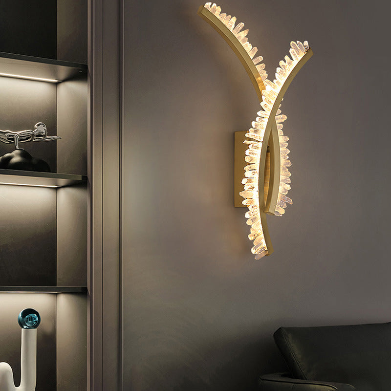 Modern Art Deco Curved Design Crystal Stainless Steel LED Wall Sconce Lamp for Living Room