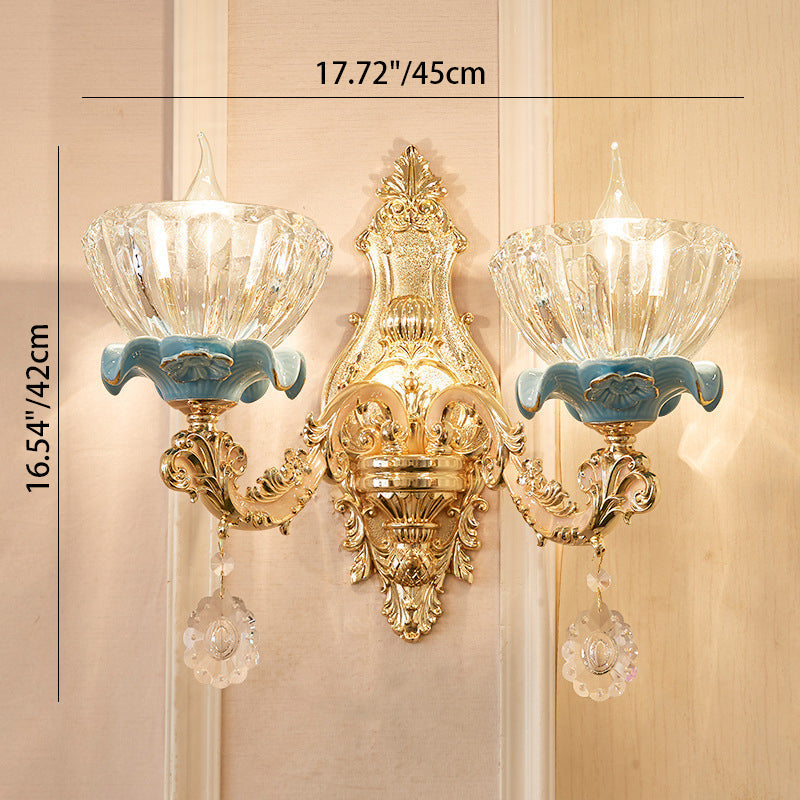 Traditional European Bowl Crystal Shade Ceramic Zinc Base Wall Sconce Lamp 1/2 Light for Bedroom