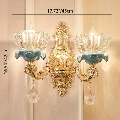 Traditional European Bowl Crystal Shade Ceramic Zinc Base Wall Sconce Lamp 1/2 Light for Bedroom