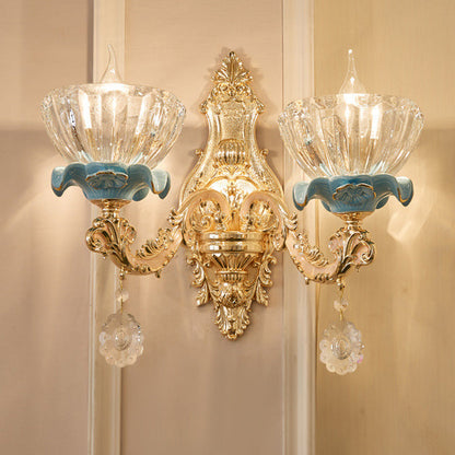Traditional European Bowl Crystal Shade Ceramic Zinc Base Wall Sconce Lamp 1/2 Light for Bedroom