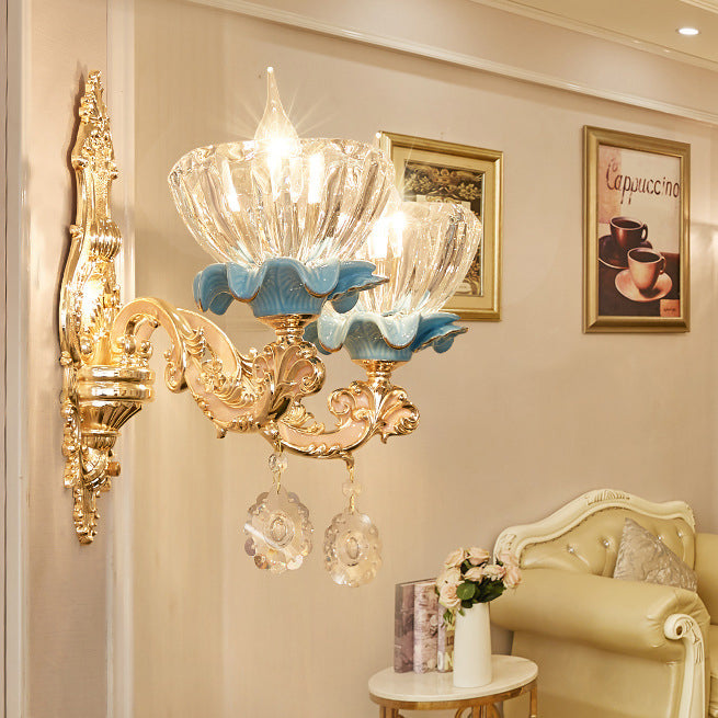 Traditional European Bowl Crystal Shade Ceramic Zinc Base Wall Sconce Lamp 1/2 Light for Bedroom
