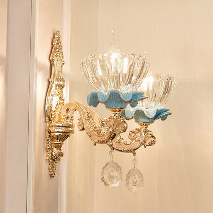 Traditional European Bowl Crystal Shade Ceramic Zinc Base Wall Sconce Lamp 1/2 Light for Bedroom