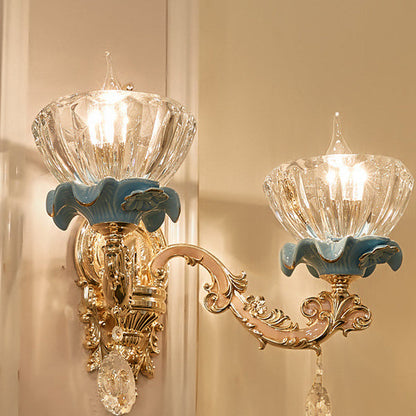Traditional European Bowl Crystal Shade Ceramic Zinc Base Wall Sconce Lamp 1/2 Light for Bedroom