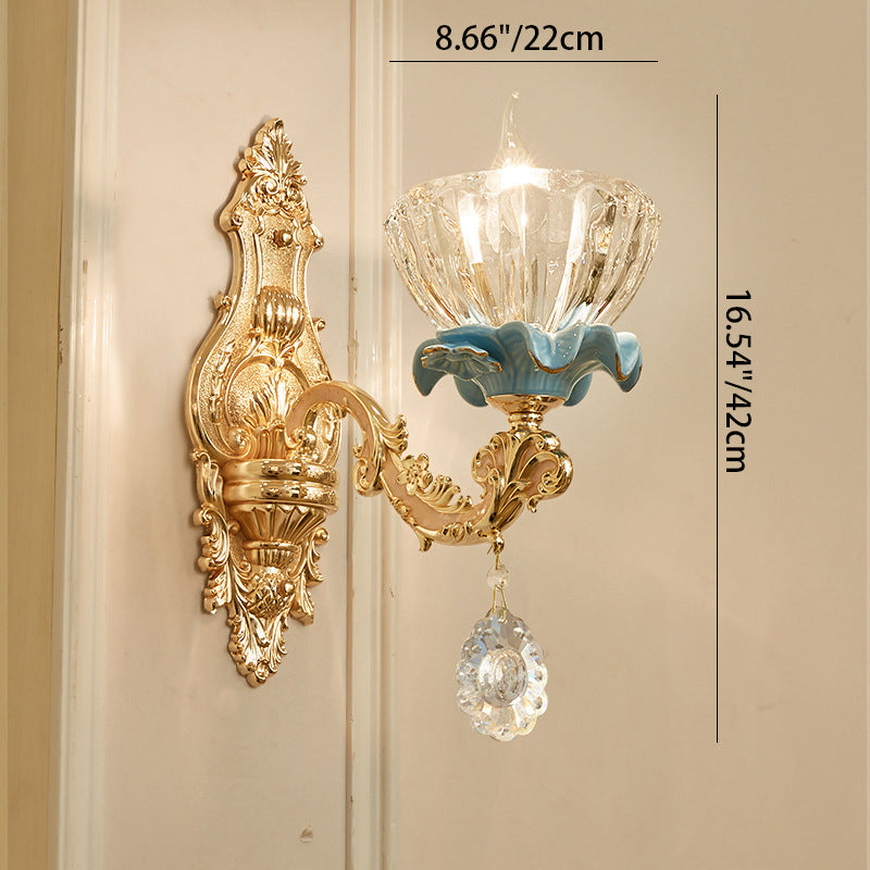 Traditional European Bowl Crystal Shade Ceramic Zinc Base Wall Sconce Lamp 1/2 Light for Bedroom