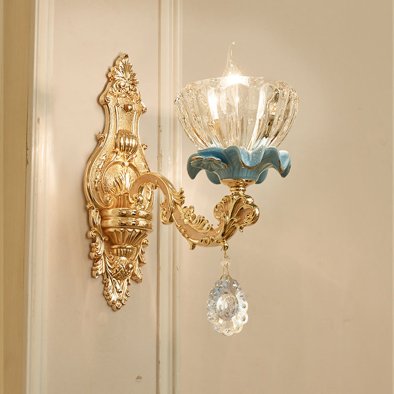 Traditional European Bowl Crystal Shade Ceramic Zinc Base Wall Sconce Lamp 1/2 Light for Bedroom
