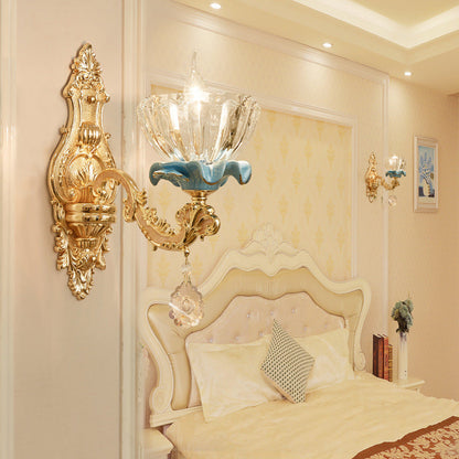 Traditional European Bowl Crystal Shade Ceramic Zinc Base Wall Sconce Lamp 1/2 Light for Bedroom