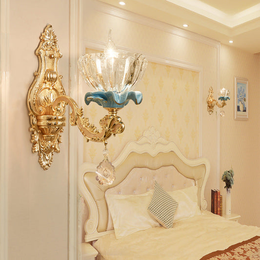 Traditional European Bowl Crystal Shade Ceramic Zinc Base Wall Sconce Lamp 1/2 Light for Bedroom