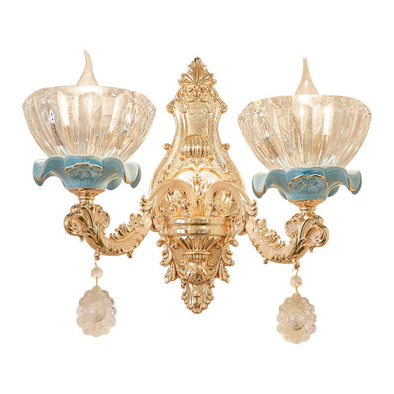 Traditional European Bowl Crystal Shade Ceramic Zinc Base Wall Sconce Lamp 1/2 Light for Bedroom