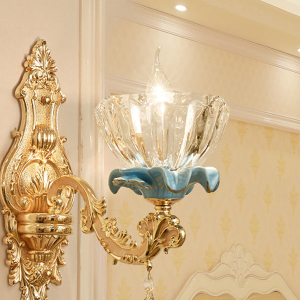 Traditional European Bowl Crystal Shade Ceramic Zinc Base Wall Sconce Lamp 1/2 Light for Bedroom