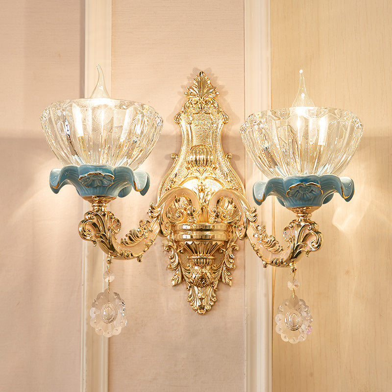 Traditional European Bowl Crystal Shade Ceramic Zinc Base Wall Sconce Lamp 1/2 Light for Bedroom