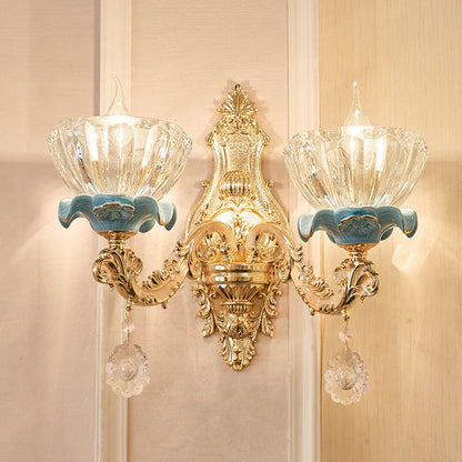 Traditional European Bowl Crystal Shade Ceramic Zinc Base Wall Sconce Lamp 1/2 Light for Bedroom