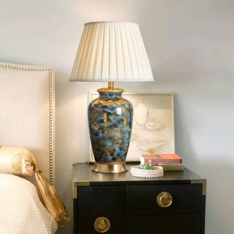 Elegant Porcelain Table Lamp with Pleated Shade – Traditional Chinese Classic Touch