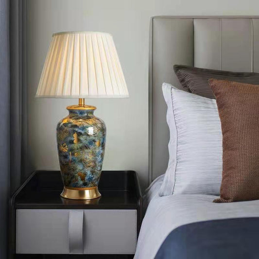Elegant Porcelain Table Lamp with Pleated Shade – Traditional Chinese Classic Touch