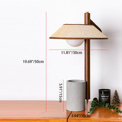 Traditional Vintage Frustum Cone Ash Wood Cement Fabric 1-Light Table Lamp For Bedroom