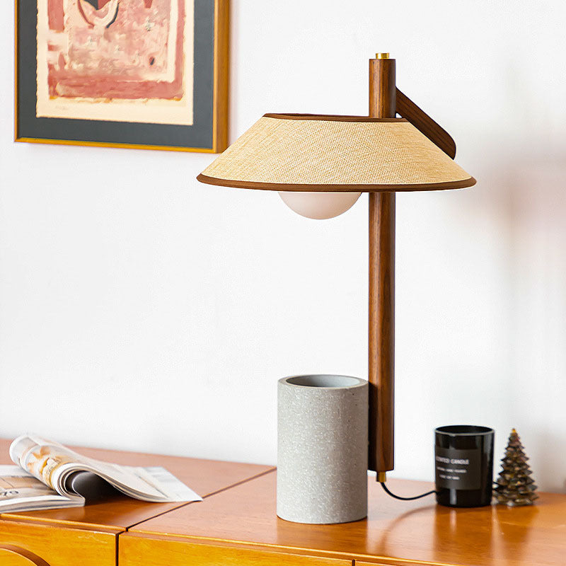 Traditional Vintage Frustum Cone Ash Wood Cement Fabric 1-Light Table Lamp For Bedroom