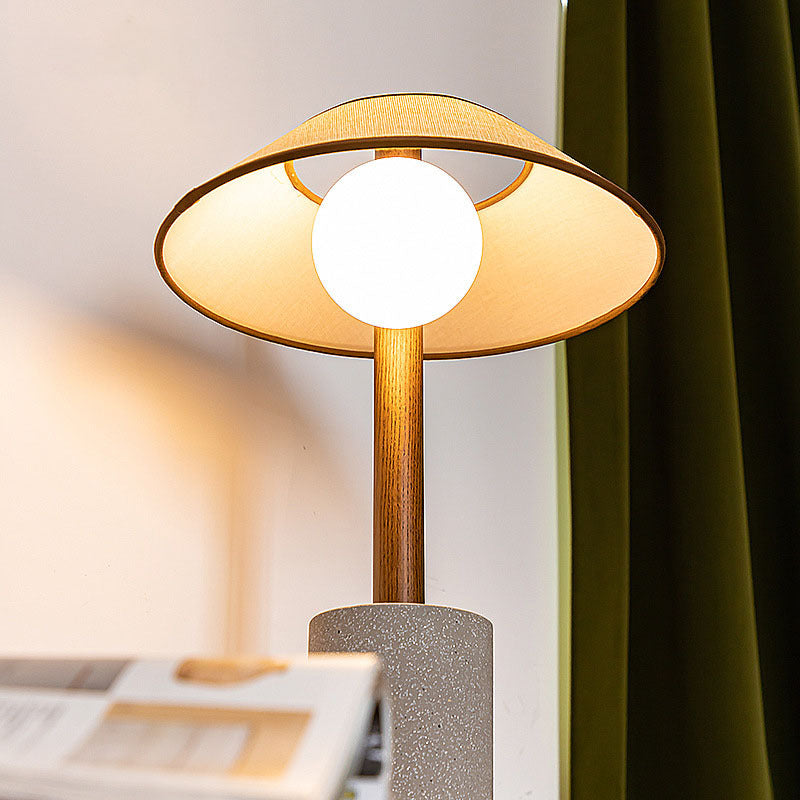 Traditional Vintage Frustum Cone Ash Wood Cement Fabric 1-Light Table Lamp For Bedroom